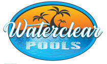 Logo for Waterclear Pools featuring palm trees over a blue water background inside an oval frame.