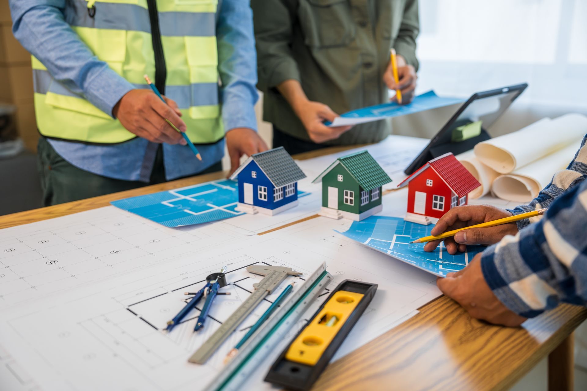 People reviewing house blueprints, examining miniature house models on a table.