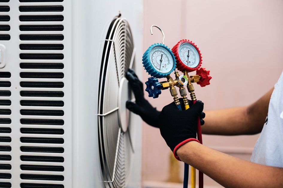 HVAC technician with gauges servicing an air conditioning unit; hands wear black gloves.