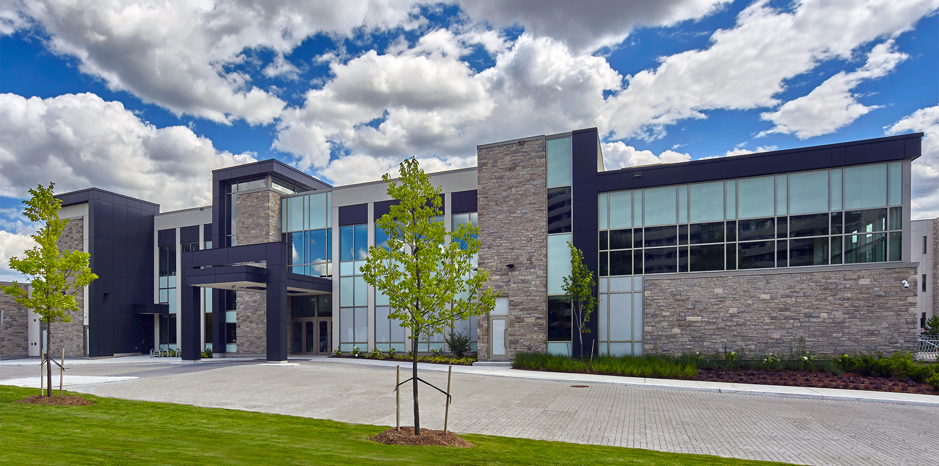A fountain in a park with palm trees in the background