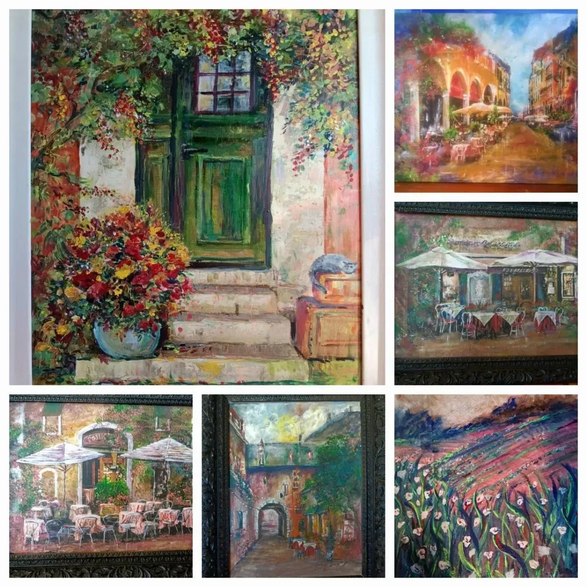 Paintings of European scenes: doorway, street, cafe, courtyard, and vineyard.