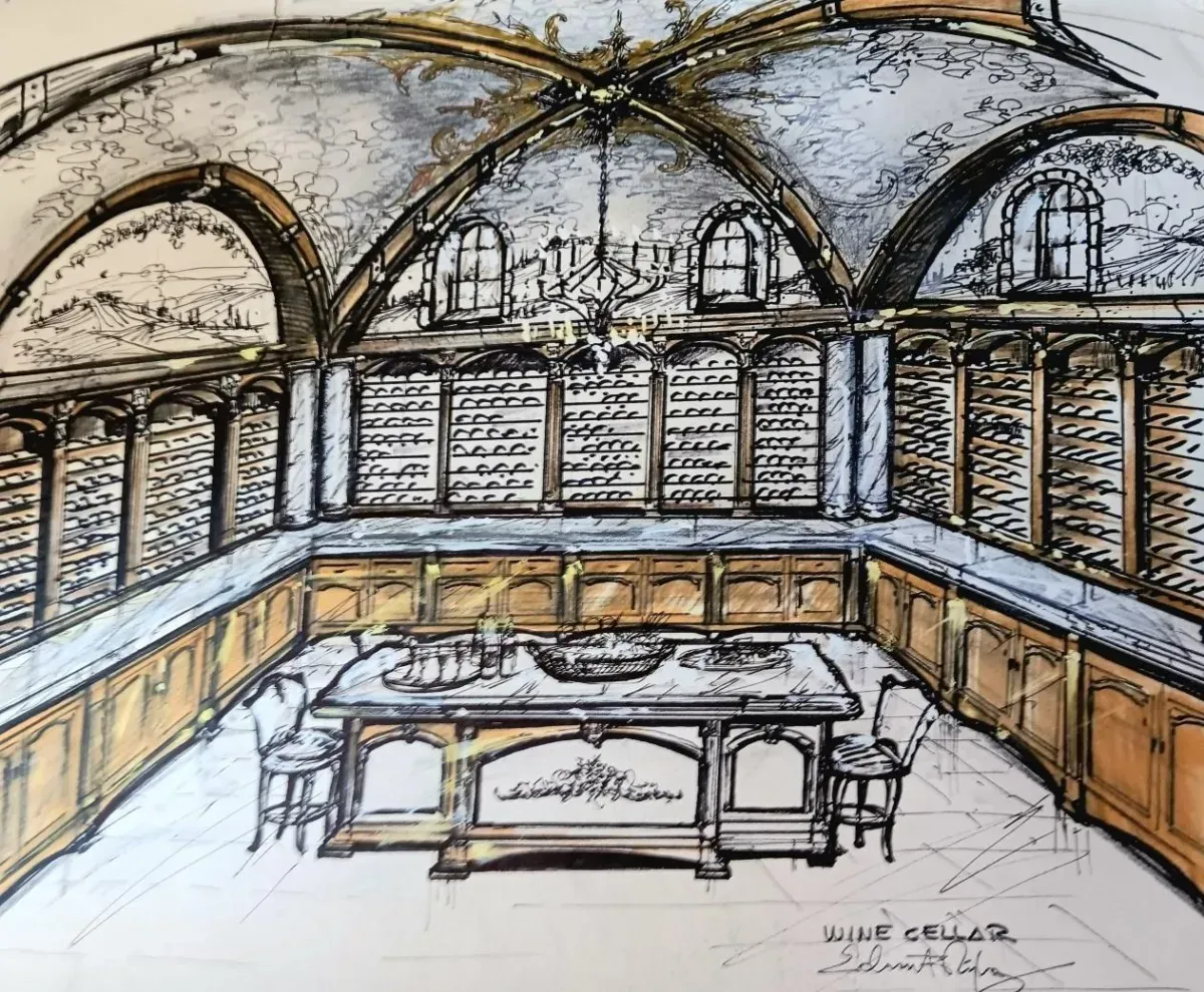 Sketch of a wine cellar with arched ceiling, wooden shelves, and a central table.