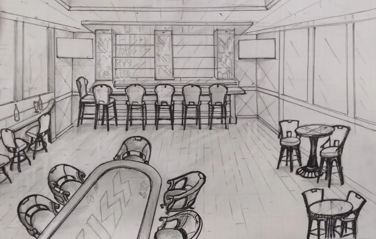 A bar interior sketch, including a long bar with stools, tables, chairs, and a decorative back wall.