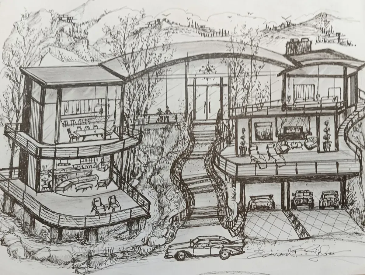 Pen and ink drawing of a modern house built into a hillside, with curved glass walls, balconies, and a car parked in front.