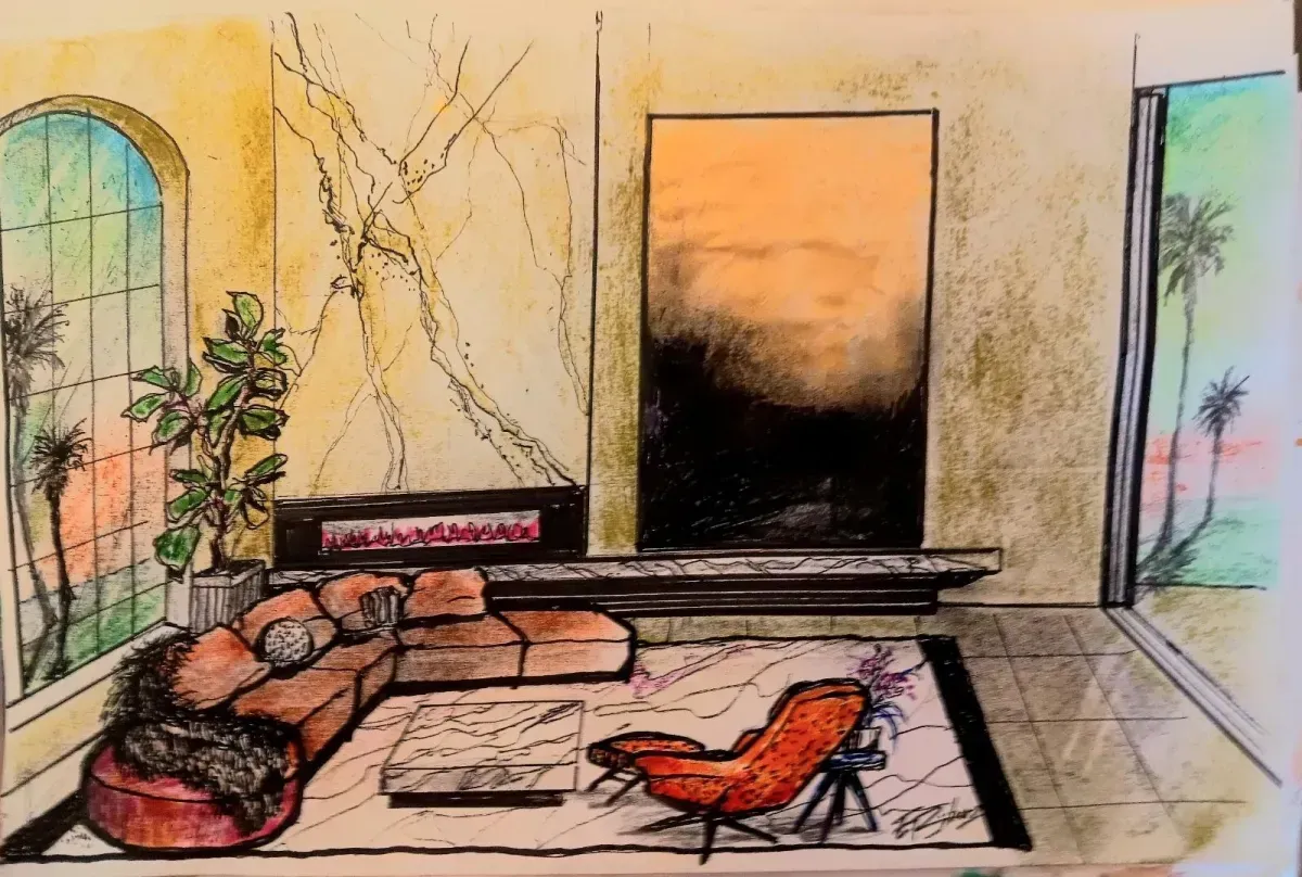 Living room sketch with orange couch, painting, fireplace, window with palm trees, and chair.