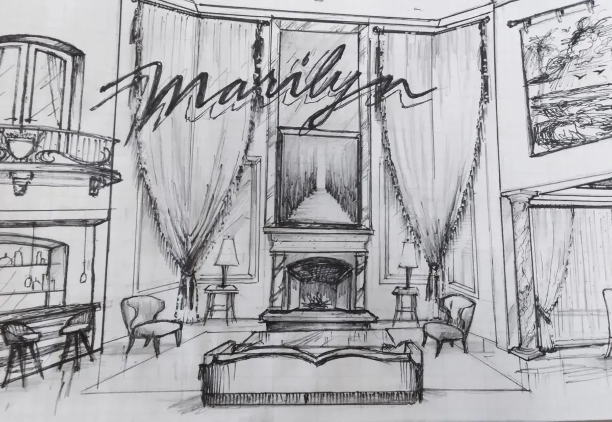 Sketch of a luxurious living room with fireplace, drapes, bar, and the name