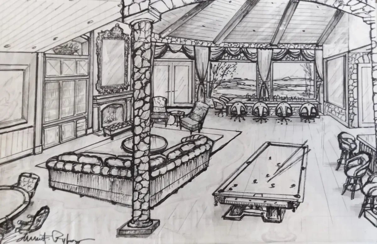 Interior sketch of a room with a pool table, seating, windows, and a stone pillar.