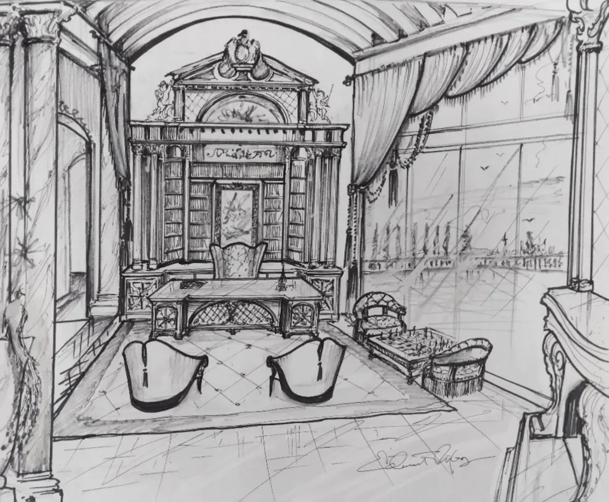 A pen and ink drawing of an ornate office with a large desk, seating, and a detailed bookshelf.