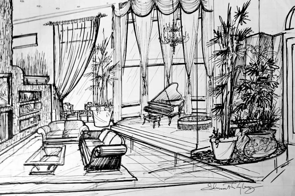 Sketch of a luxurious living room with a piano, large windows, sofas, plants, and curtains.