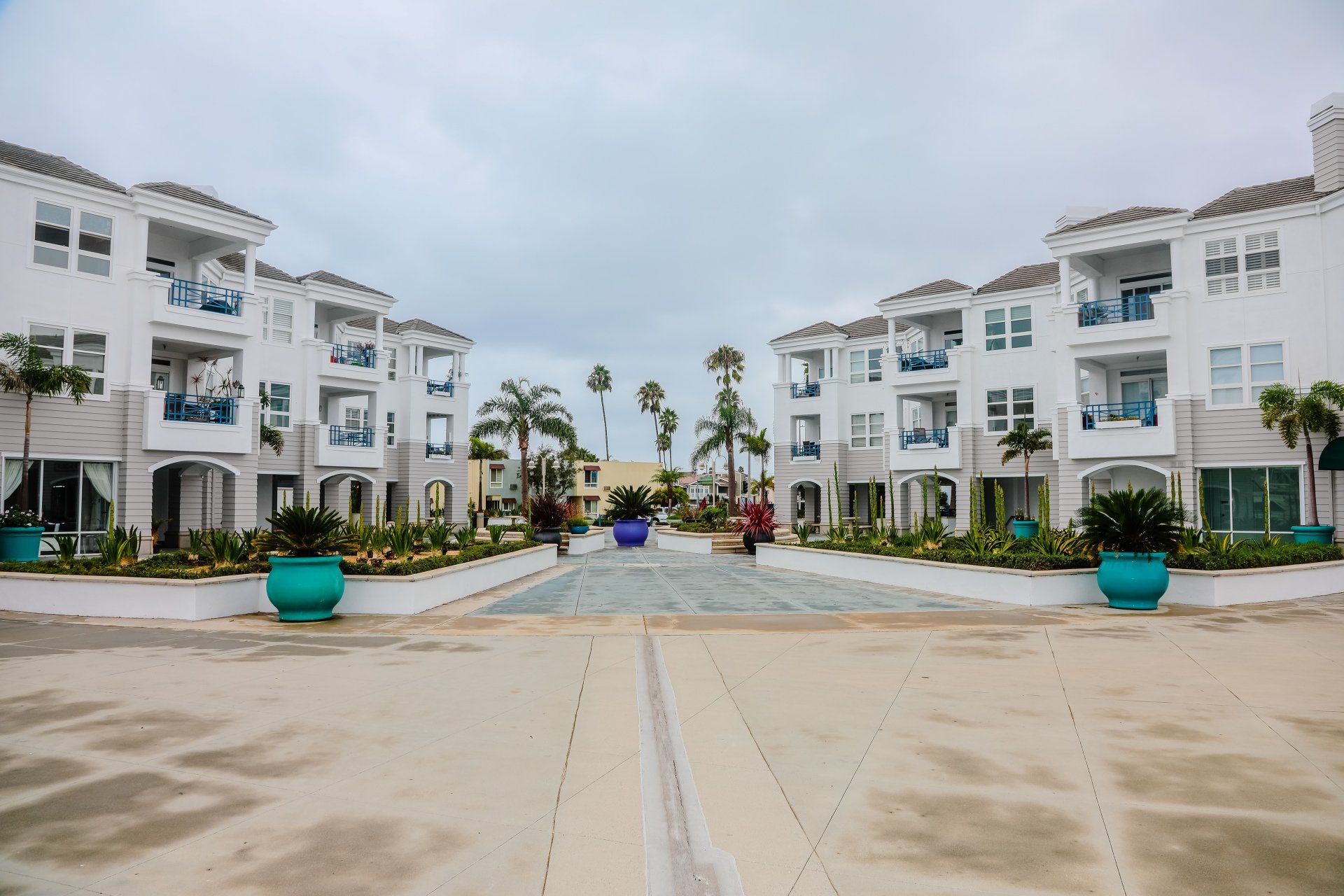 a row of white buildings with blue potted plants in front of them.