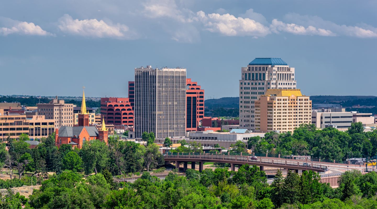 An aerial view of a city skyline surrounded by trees and buildings.