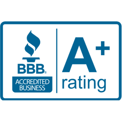 Bbb accredited business a+ rating logo on a white background