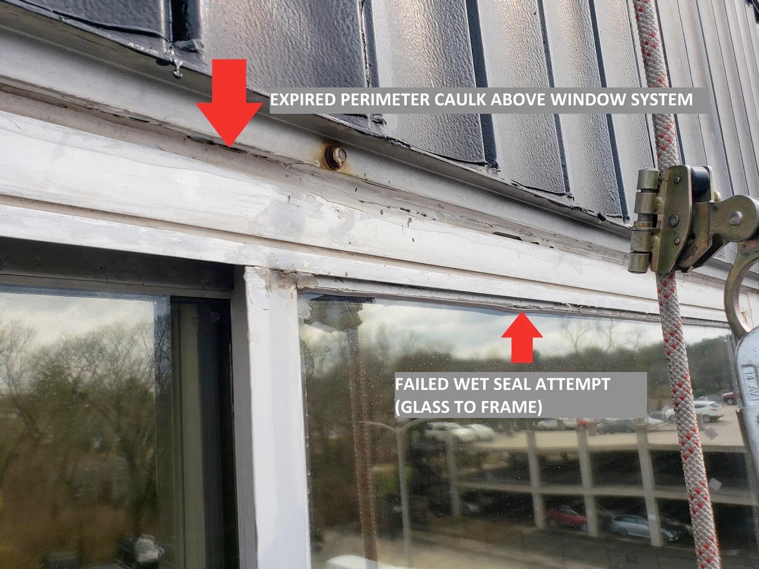 A picture of a window with a failed wet seal attempt.
