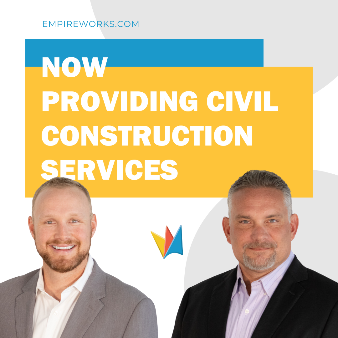 Two men are standing in front of a sign that says now providing civil construction services