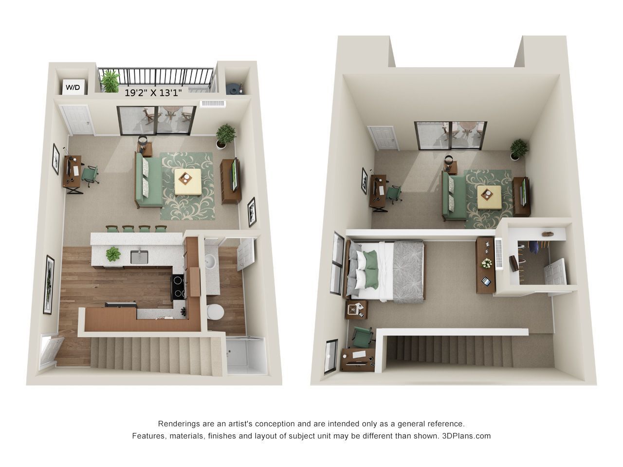 A 3d floor plan of a house with two bedrooms and a balcony.