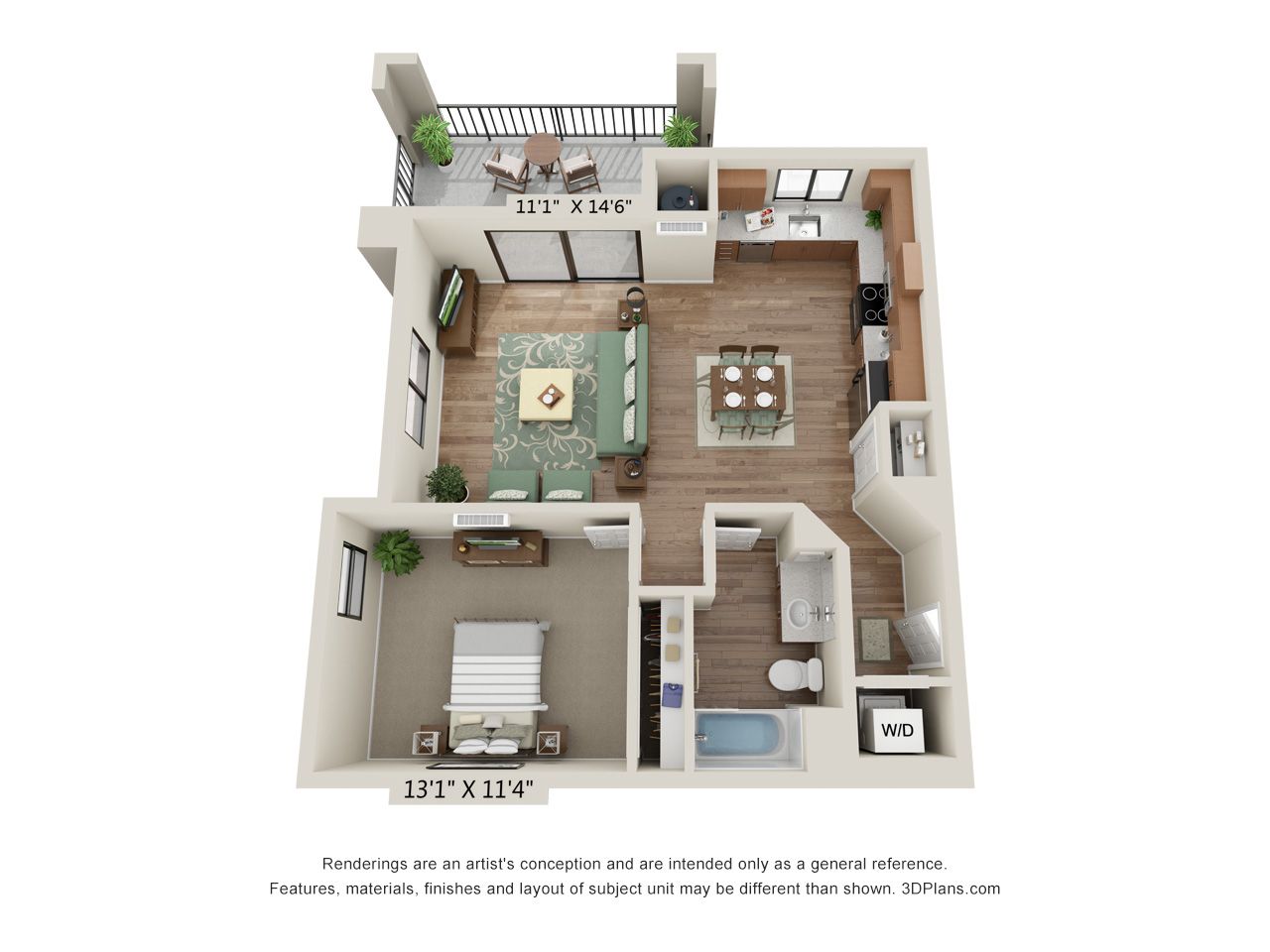 A 3d floor plan of a single bedroom apartment with a balcony.