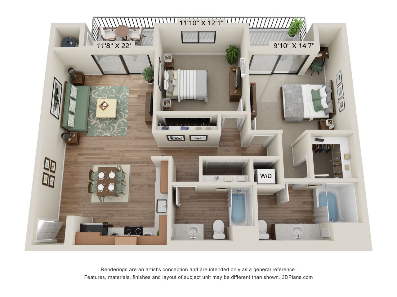 A 3d floor plan of a house with two bedrooms and a balcony.