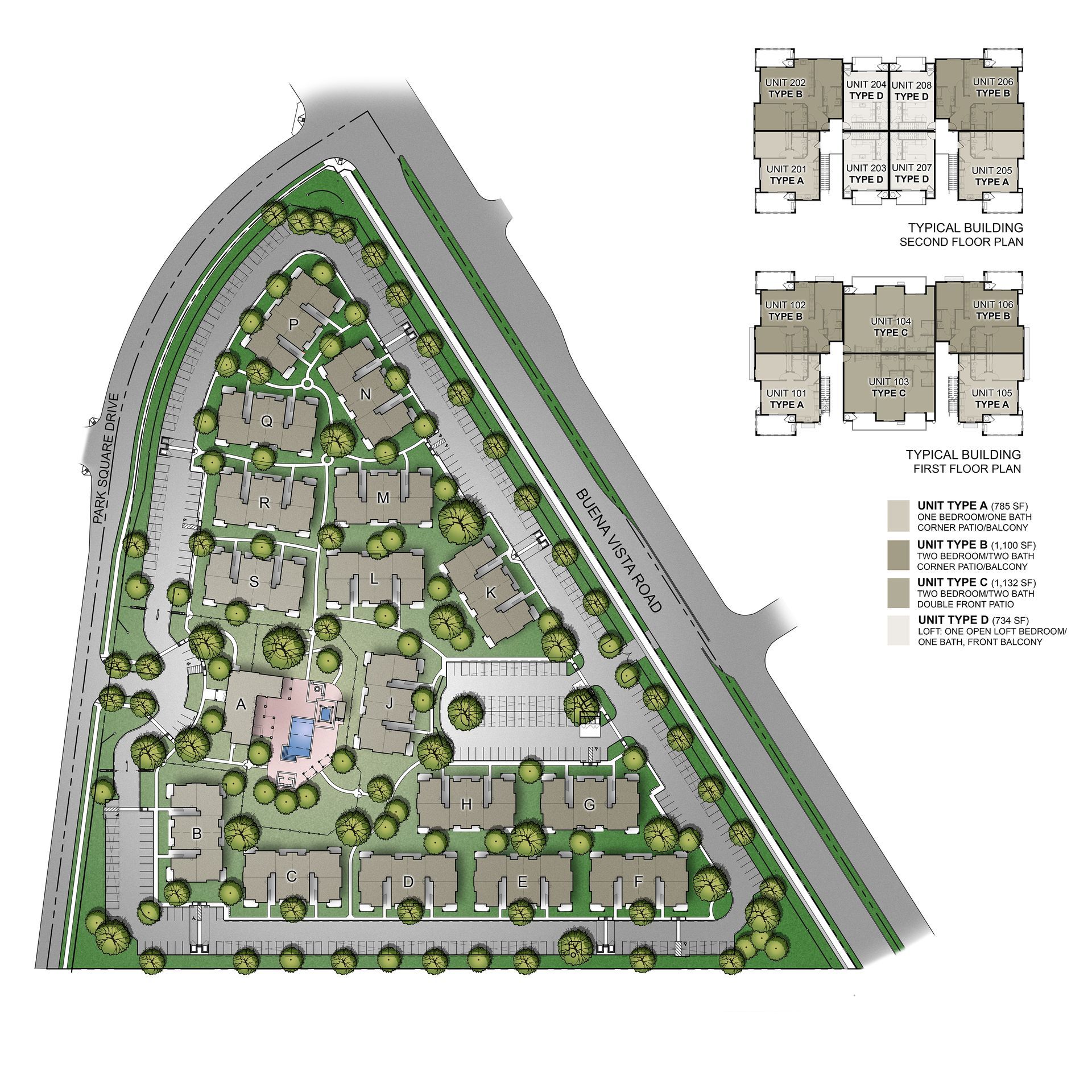 A drawing of a residential area with lots of buildings and trees