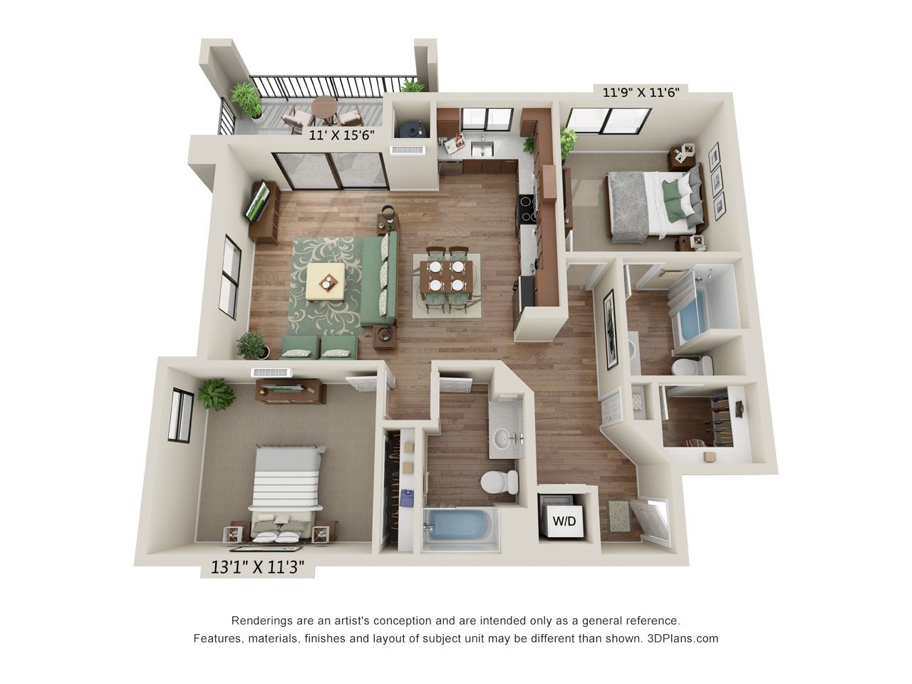A 3d floor plan of a house with two bedrooms and a balcony.