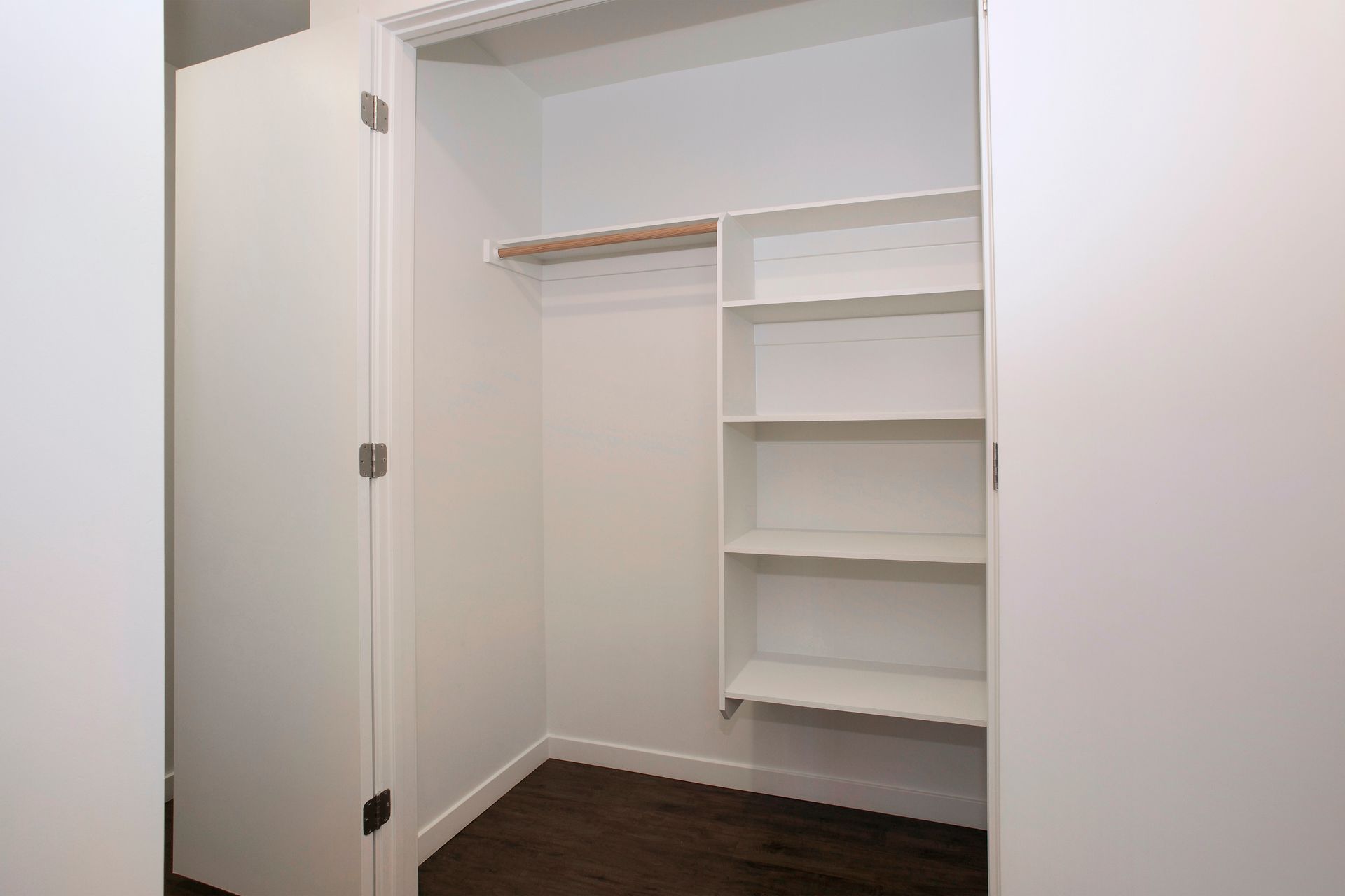A closet with shelves and a door in a house.