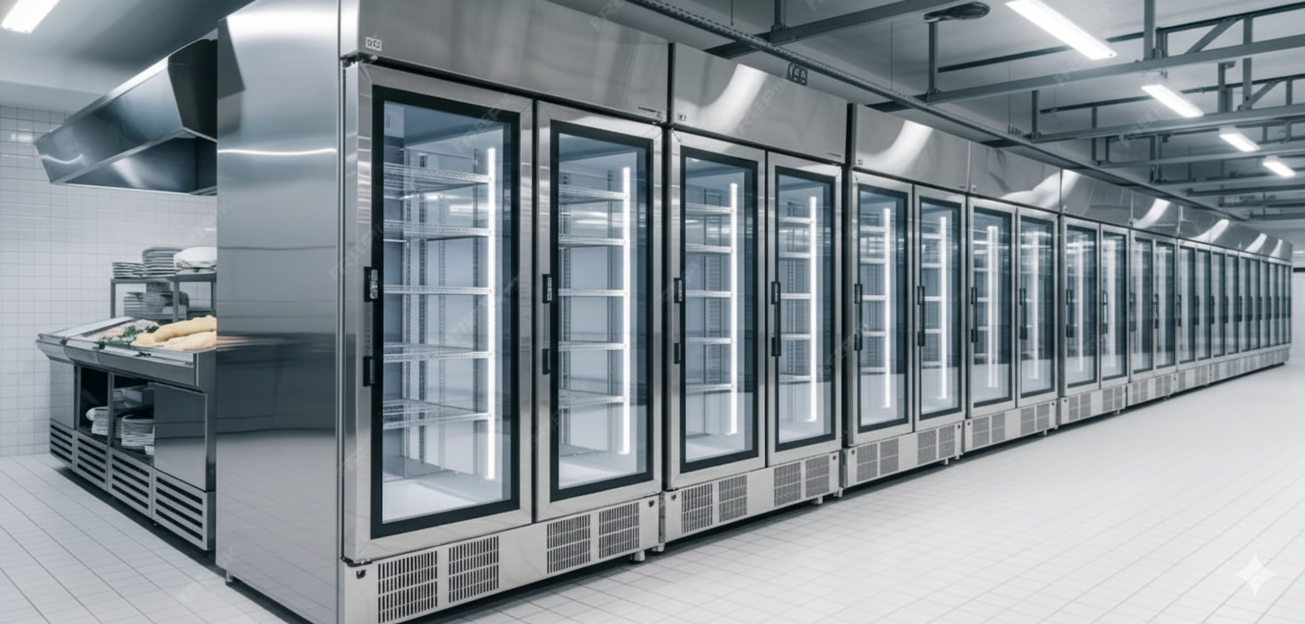 Commercial kitchen with multiple stainless steel refrigerators, a prep table, and ventilation hood.