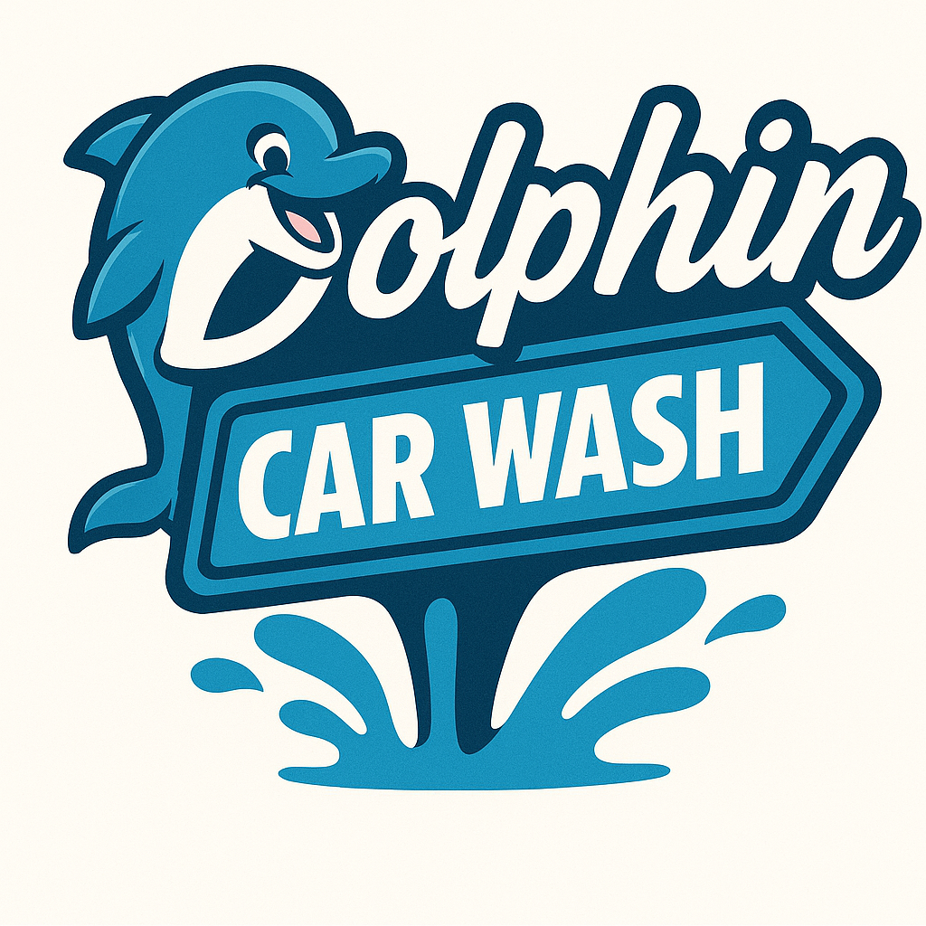 Mock up of a carwash logo with dolphin for branding and a carwash logo package from OhmCo. How to generate a carwash logo with AI
