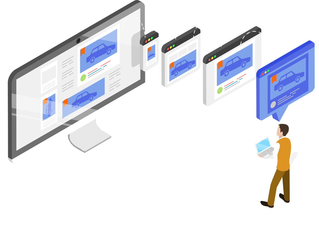 An isometric illustration of a man standing in front of a computer monitor with multiple kinds of post windows