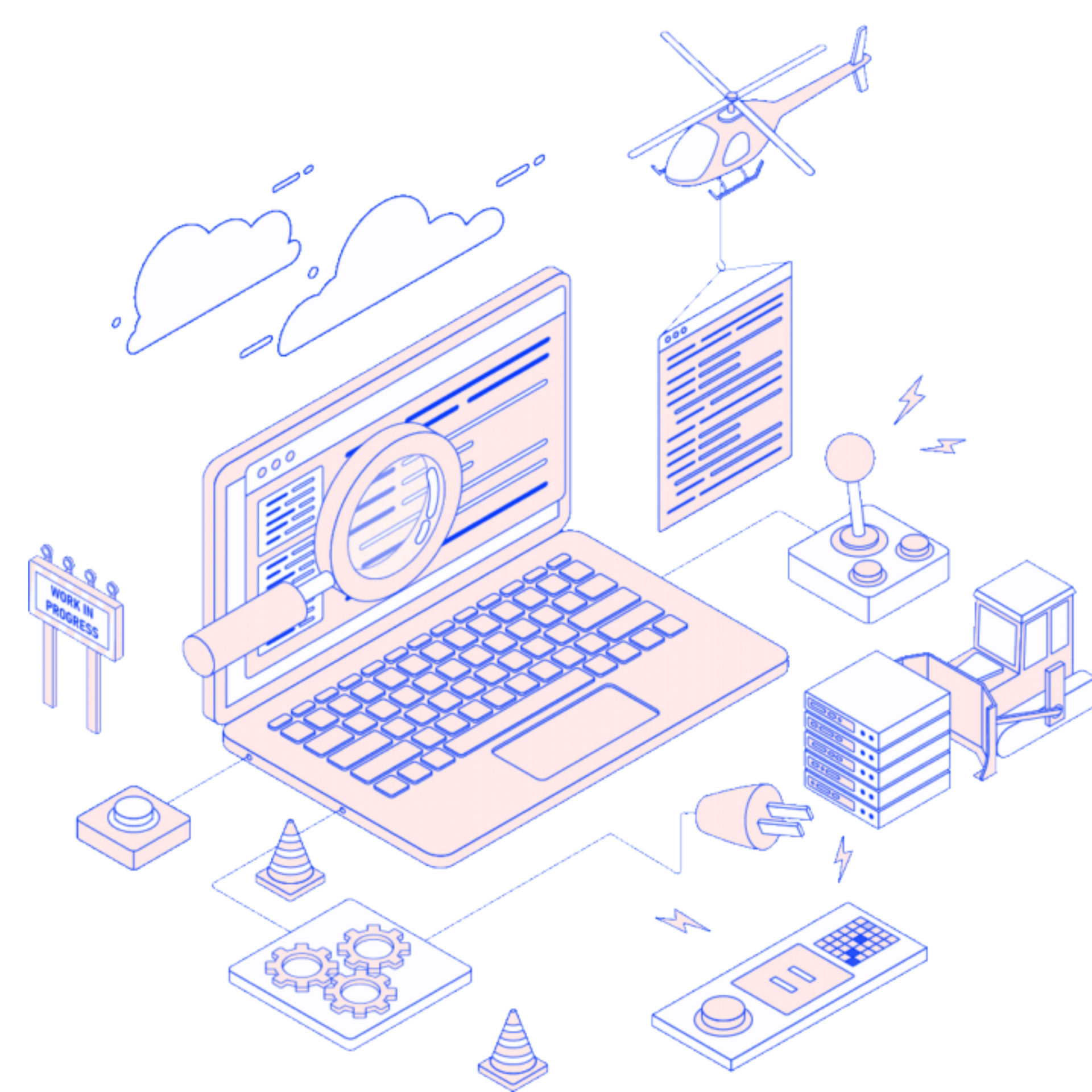 An isometric illustration of a laptop computer surrounded by various objects.