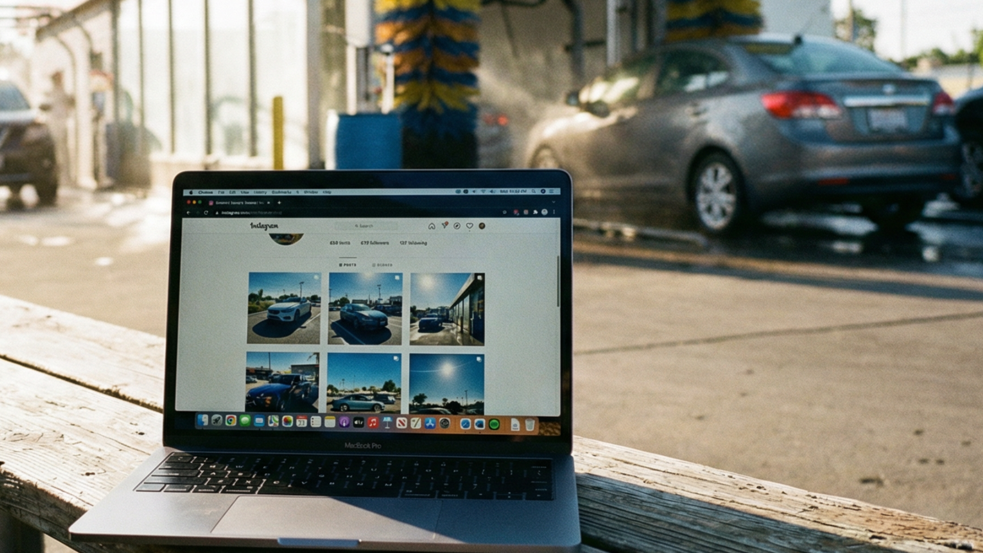 Laptop displaying car photos outside a car wash, with a car being washed in the background.