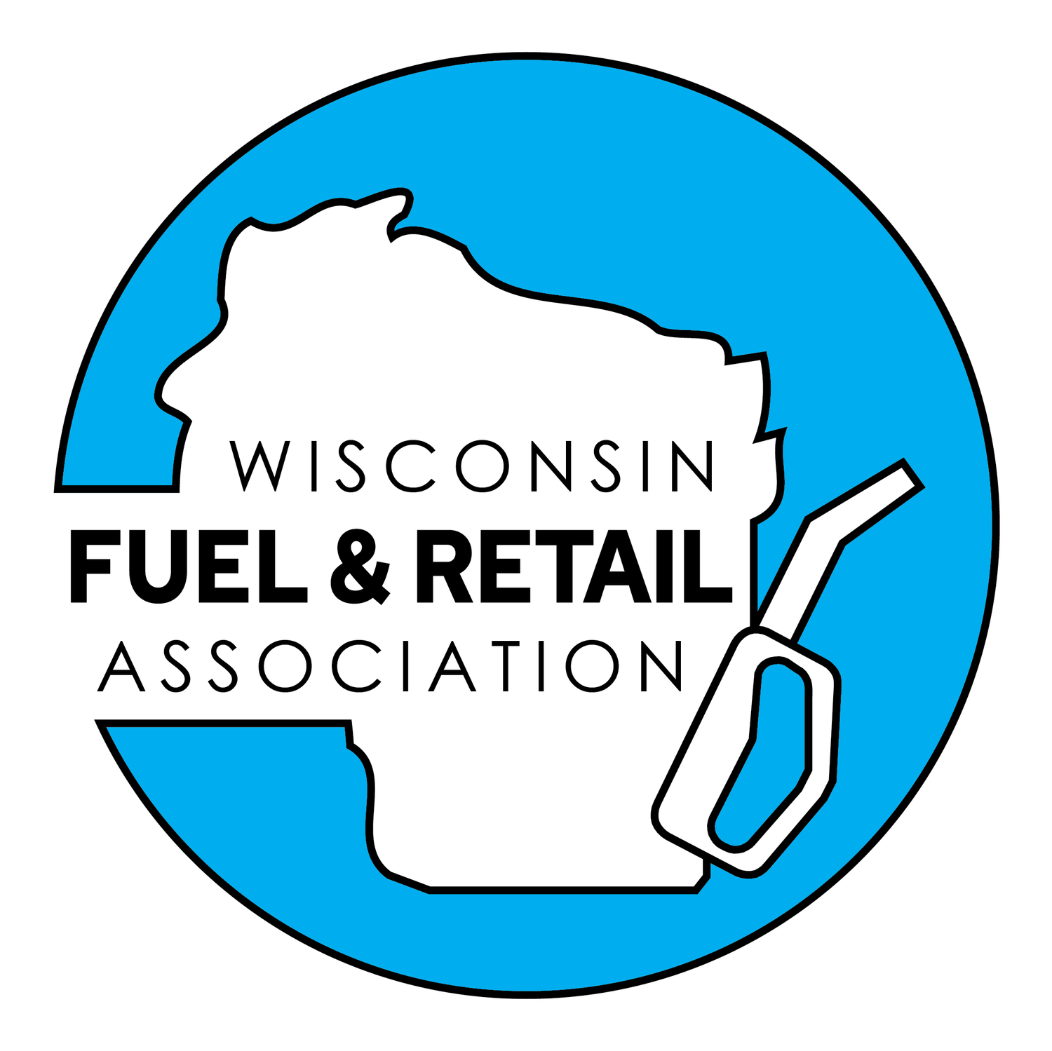 The logo for the wisconsin fuel & retail association shows a map of wisconsin and a gas pump.