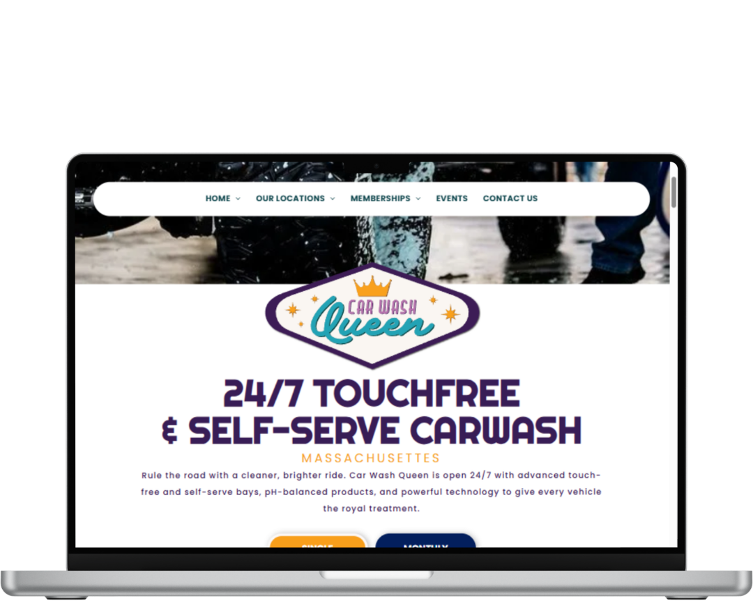 Laptop showing a car wash website with “24/7 Touchfree Self-Serve Carwash” headline and navigation menu