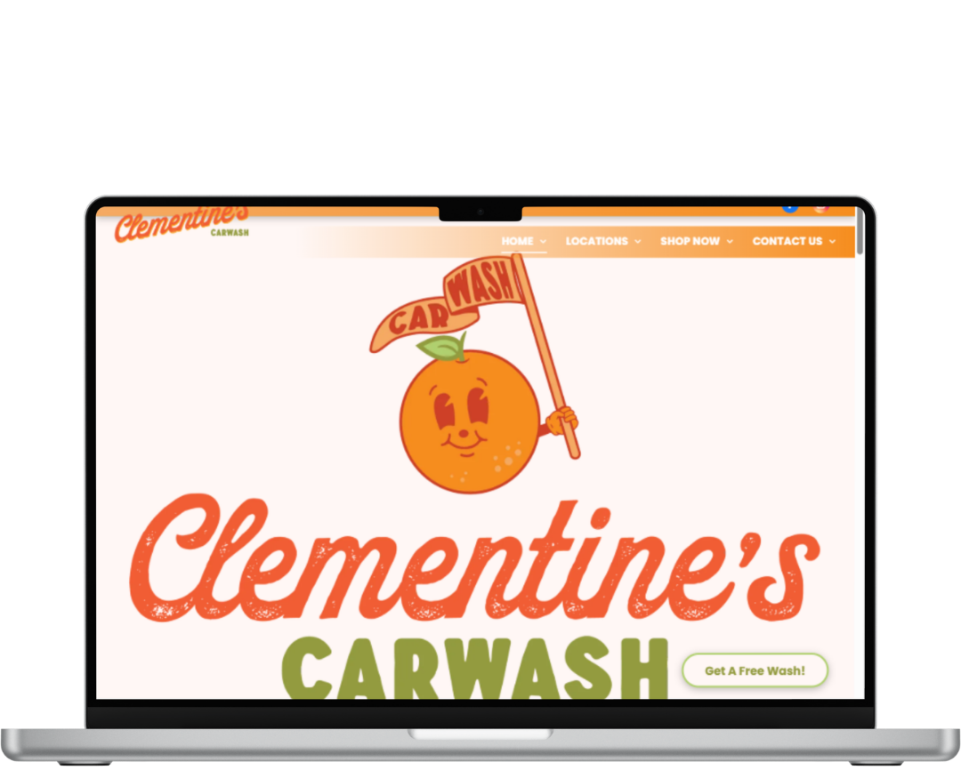 Clementine’s Car Wash website homepage with orange logo and a cartoon clementine holding a brush