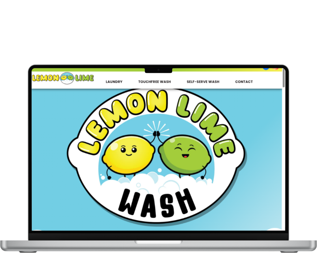 Laptop screen showing Lemon Lime Wash logo with smiling lemon and lime on a blue background