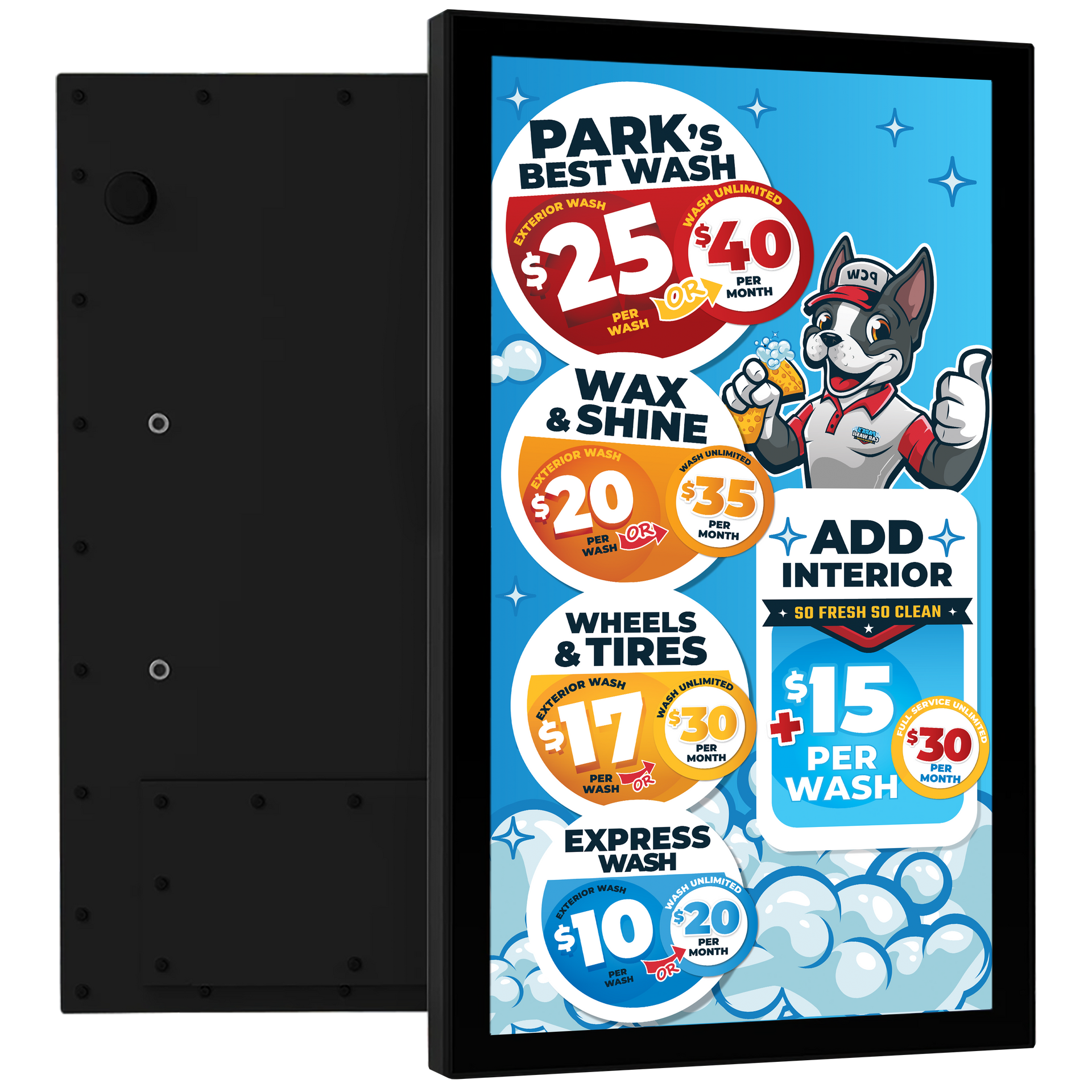 Outdoor Digital Carwash Menus. WATERPROOF ultra brit, best digital carwash signage 
