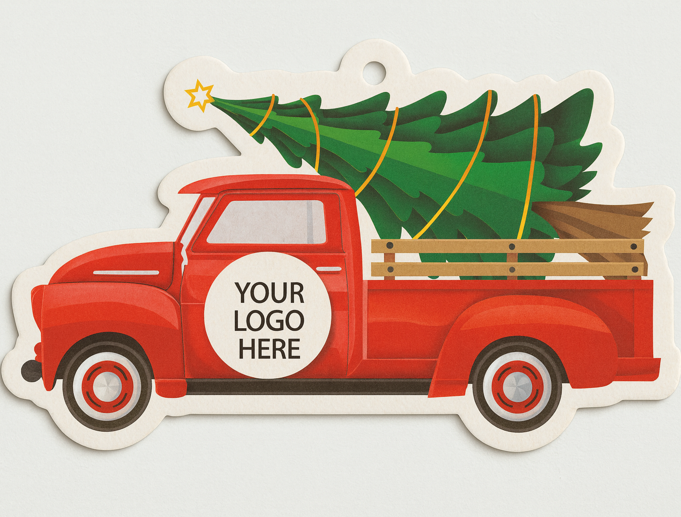 Christmas classic red truck with pine tree in the  back christmas tree pine scnet Holiday Winter holiday Ornament Air Freshener customize with your carwash logo