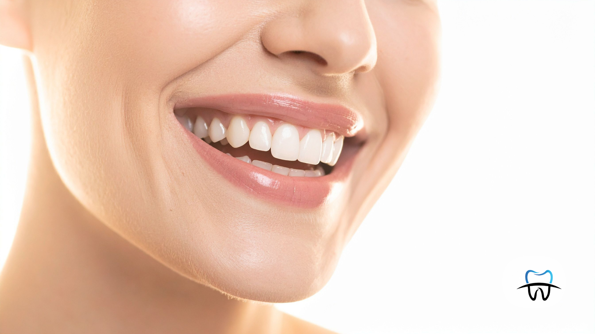 Close-up of a smiling mouth with bright white teeth and glossy, pink lips.