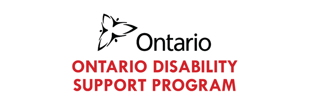 Logo for Ontario Disability Support Program. Black text on white background. Red text below.