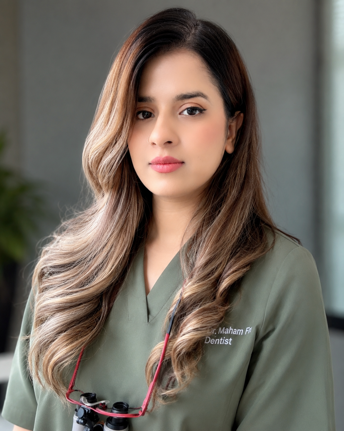 Smiling person in black scrubs in a dental office, loupes around neck.