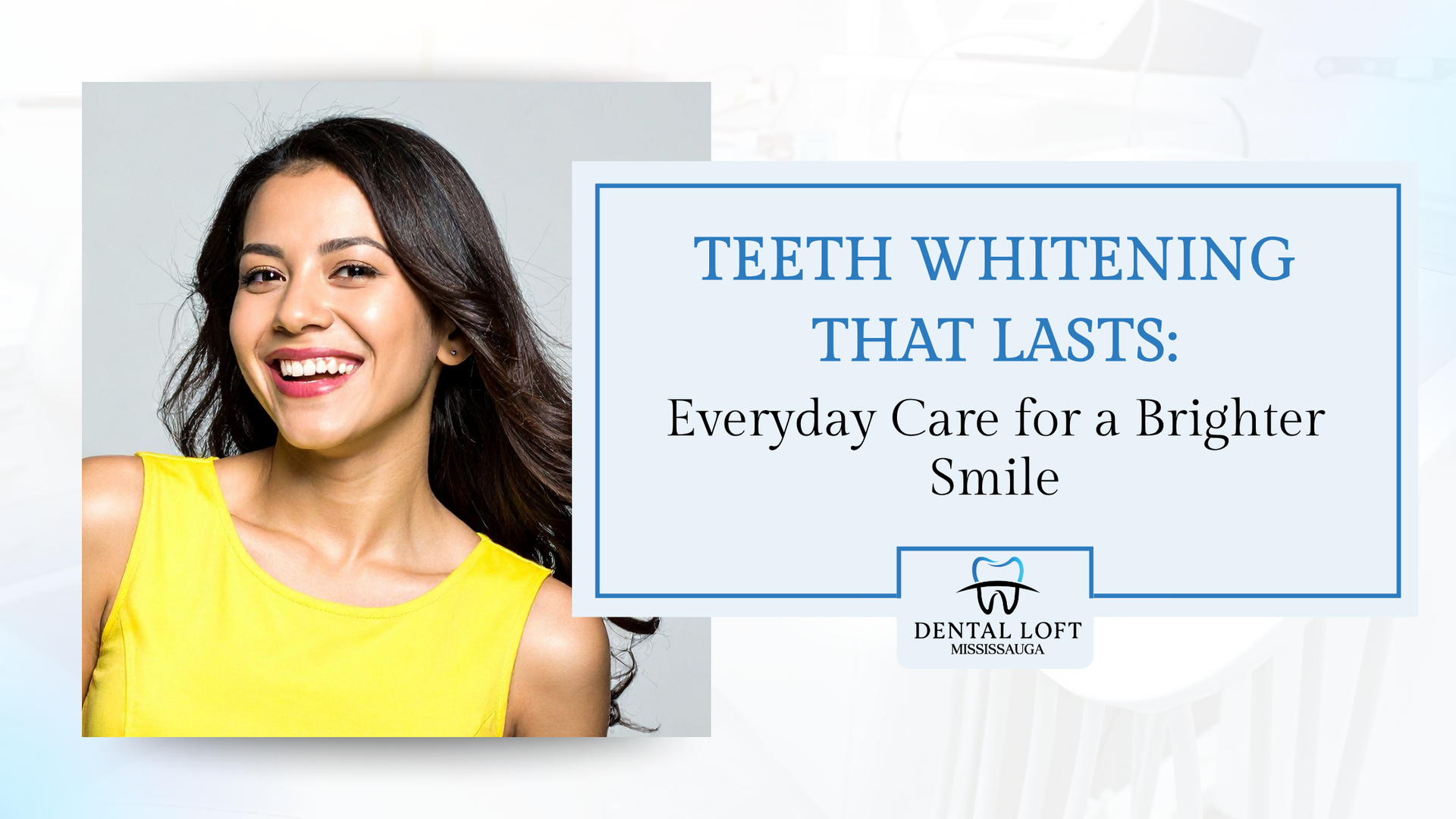 Woman with bright smile next to a light blue box with text: 