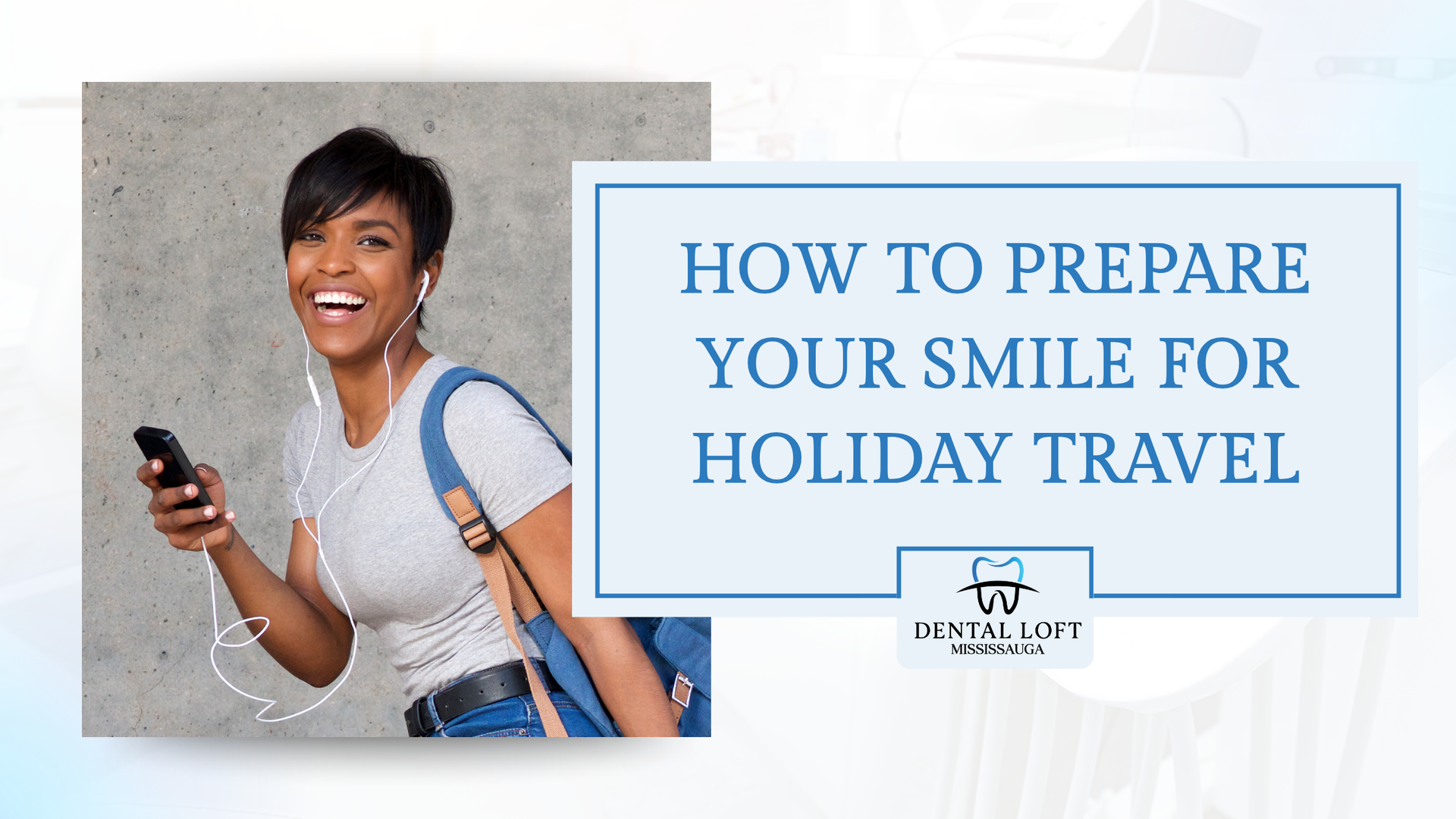 Woman with earbuds and backpack; text: 