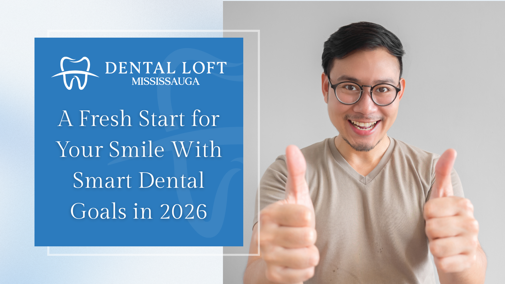 Smiling man giving thumbs up next to Dental Loft ad. Blue text says 