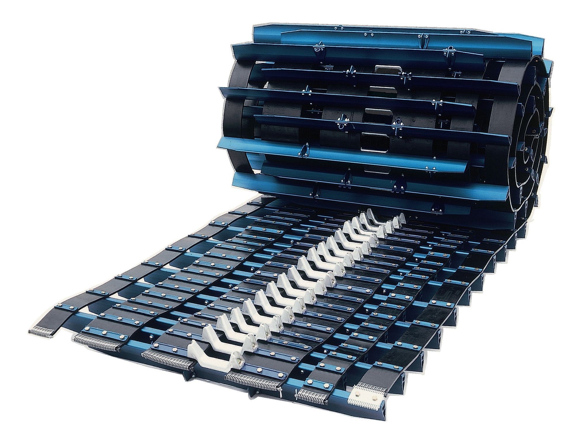 A close up of a conveyor belt on a white background