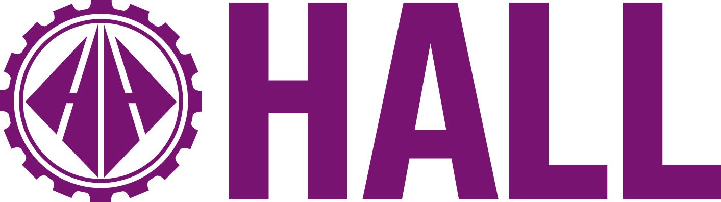The word hall is written in purple letters on a white background.