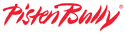 A red and white logo for piston rally on a white background.
