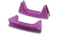 A pair of purple plastic handles on a white background.