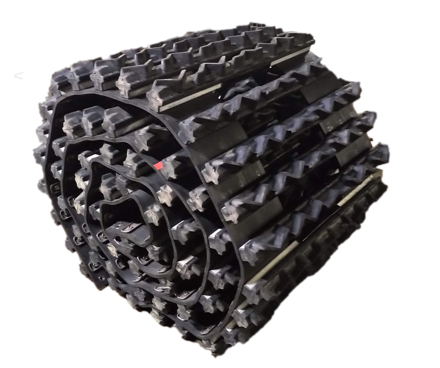 A roll of rubber tracks on a white background.