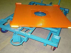 A blue and orange cart with a large orange plate on top of it.