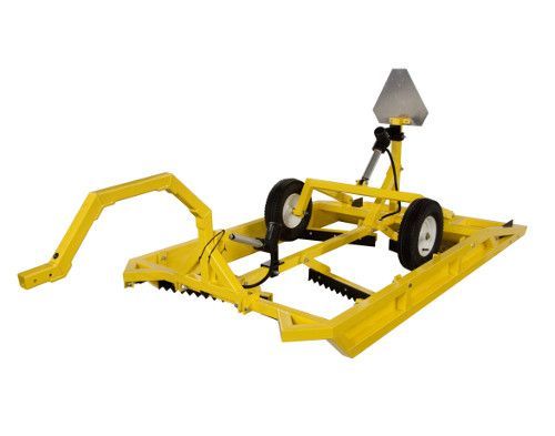 A yellow tractor with a trailer attached to it on a white background.
