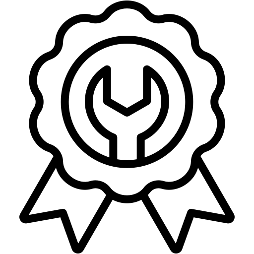A line drawing of a ribbon with a wrench in the center.