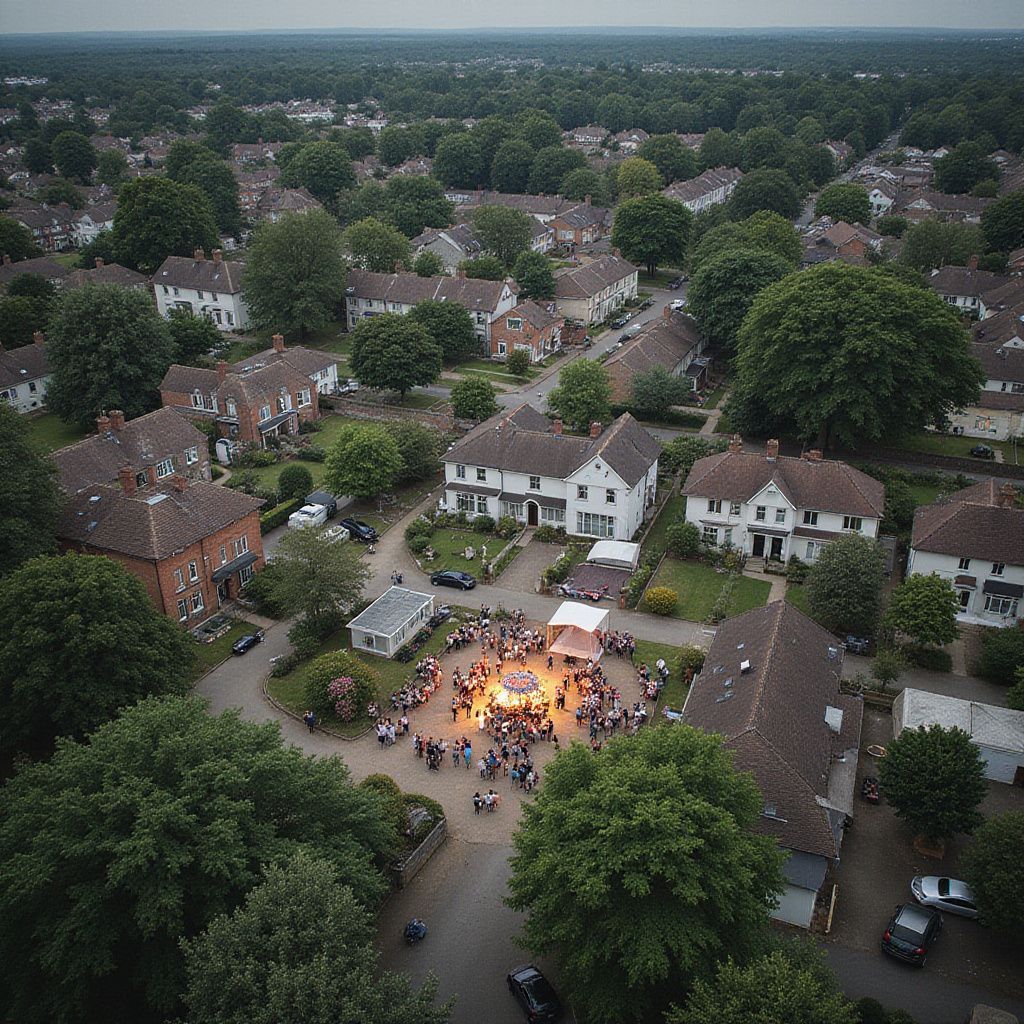 Luchtfoto van een buurt die zich rond een kampvuur verzamelt, omringd door huizen en bomen.